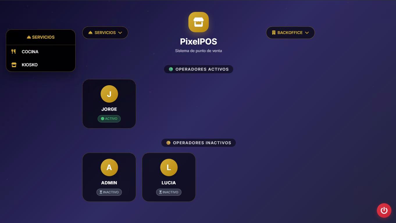 Pantalla de inicio de PixelPOS con operadores activos e inactivos para gestionar usuarios, permisos y acceso al TPV en negocios de Castellón.