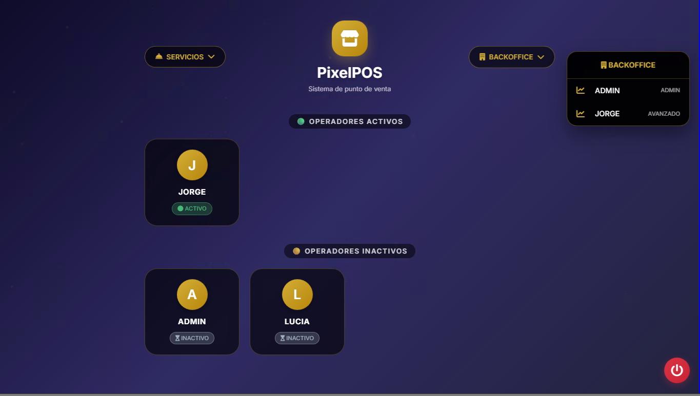 Pantalla de inicio de PixelPOS con operadores activos e inactivos para gestionar usuarios, permisos y acceso al TPV en negocios de Castellón.