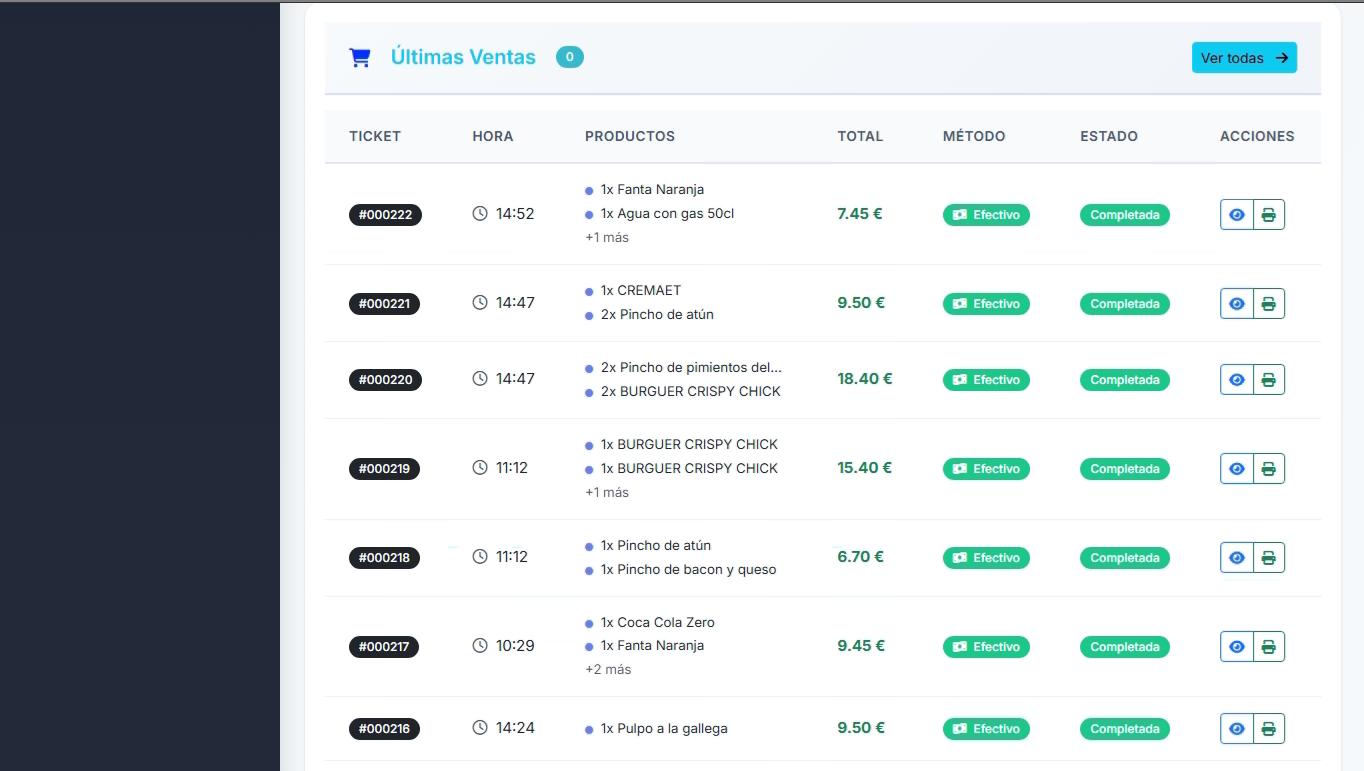 Pantalla de PixelPOS con listado de últimas ventas, tickets, productos, importes y métodos de pago para controlar un negocio en Castellón.
