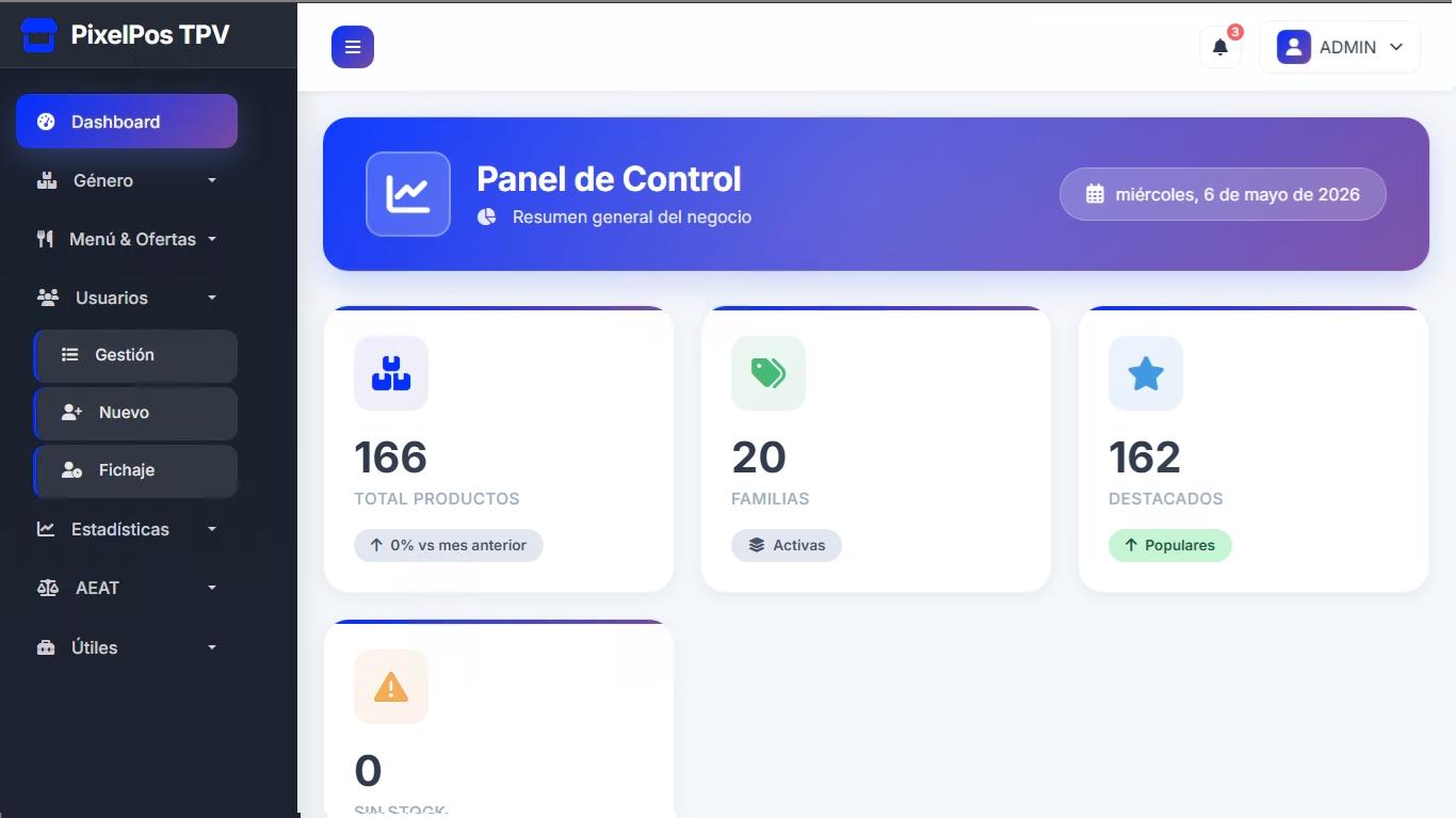 Panel de control de PixelPOS con opciones de configuración, VeriFactu, impresora, datáfono y resumen de productos para negocios en Castellón.