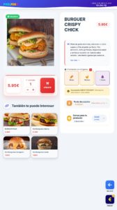 Pantalla de kiosko de pedidos PixelPOS con ficha de producto, alérgenos, punto de cocción, extras y productos recomendados para restaurantes en Castellón.