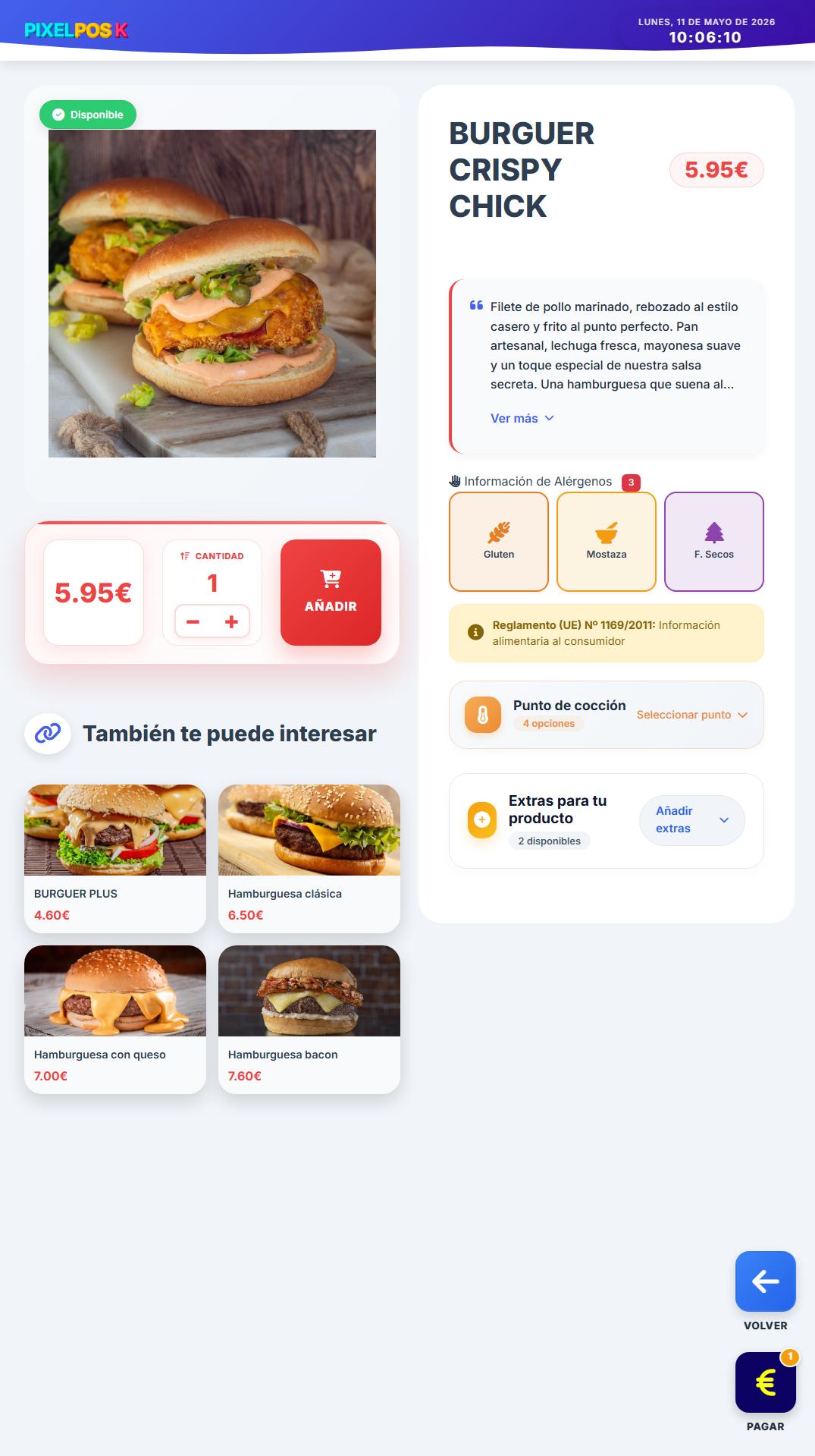 Pantalla de kiosko de pedidos PixelPOS con ficha de producto, alérgenos, punto de cocción, extras y productos recomendados para restaurantes en Castellón.