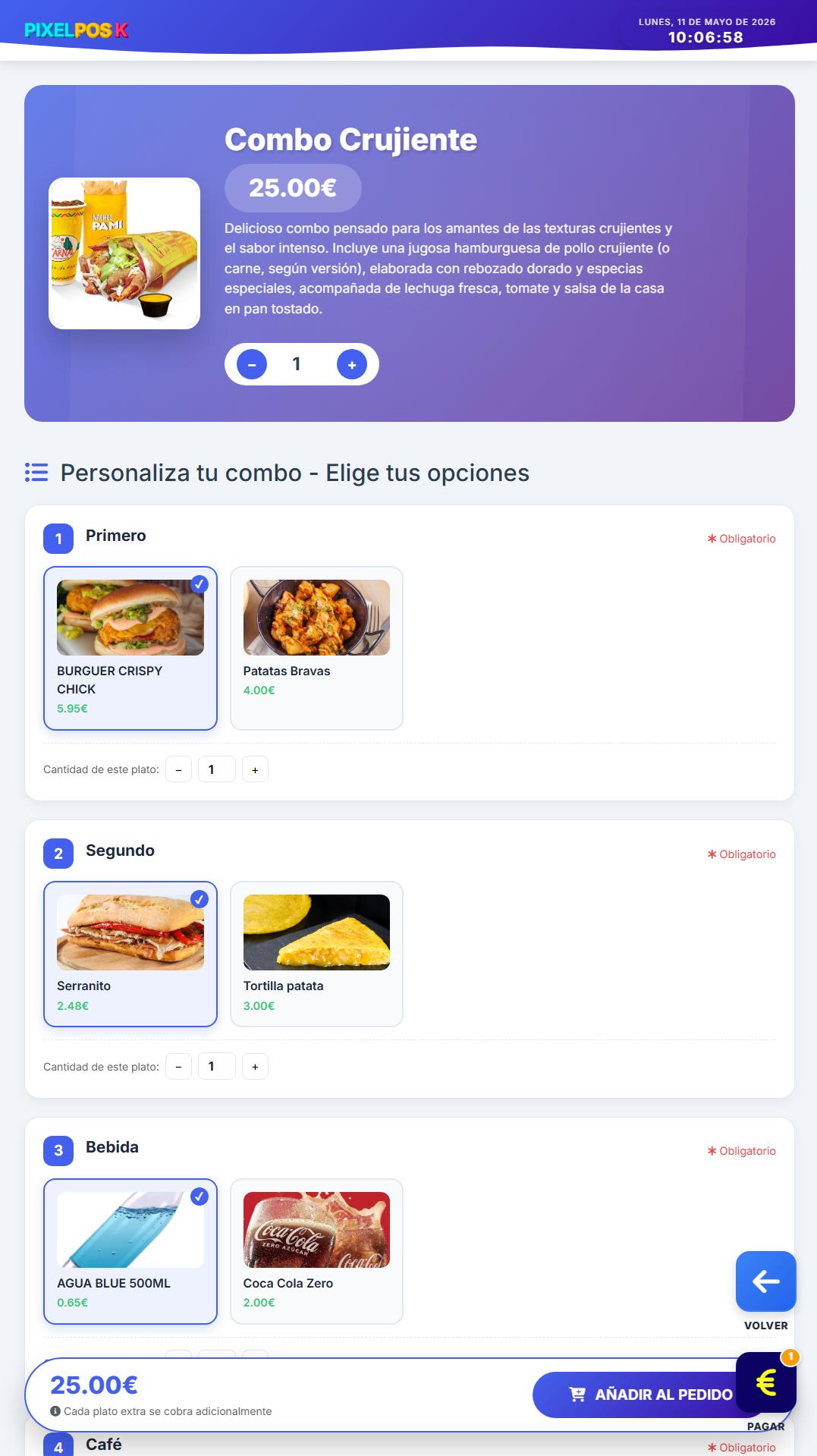Pantalla de kiosko de pedidos PixelPOS con combo personalizable, productos, bebidas y precio final para restaurantes en Castellón.