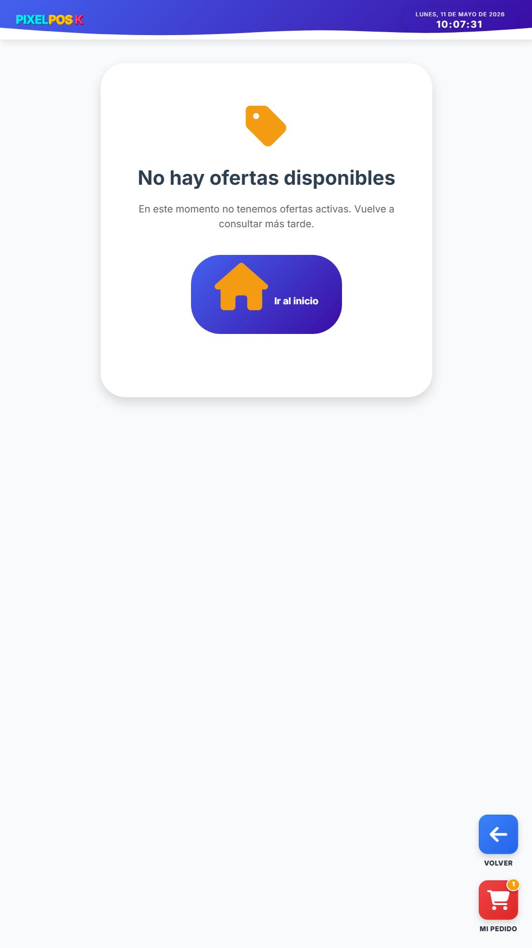 Pantalla de kiosko de pedidos PixelPOS mostrando ofertas no disponibles para gestionar pedidos y promociones en restaurantes de Castellón.
