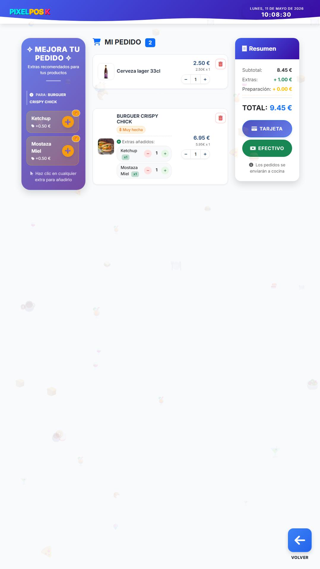 Pantalla de kiosko de pedidos PixelPOS con resumen del pedido, extras, total y métodos de pago para restaurantes en Castellón.