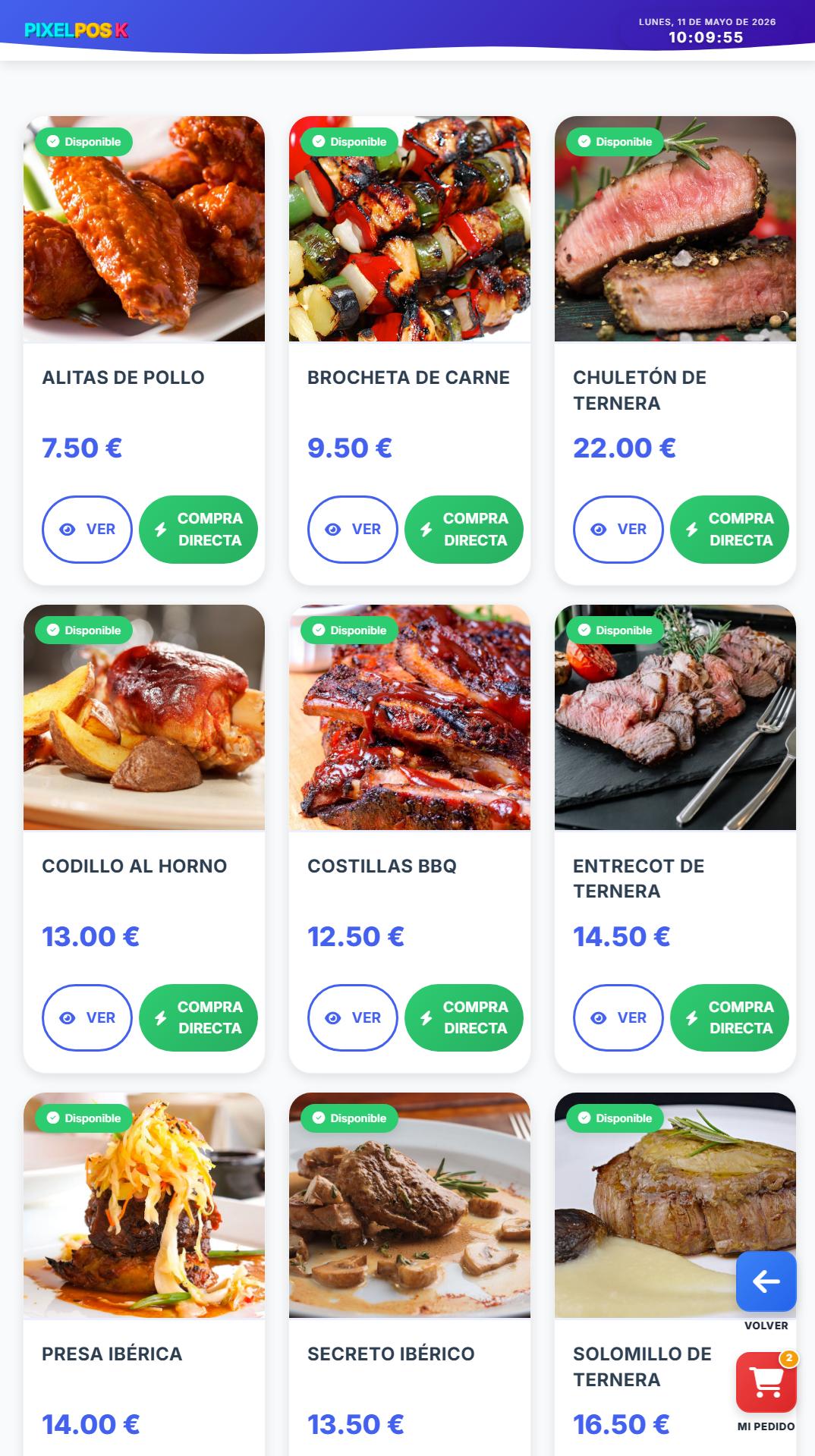 Pantalla de kiosko de pedidos PixelPOS con productos, precios y compra directa para restaurantes y negocios de hostelería en Castellón.