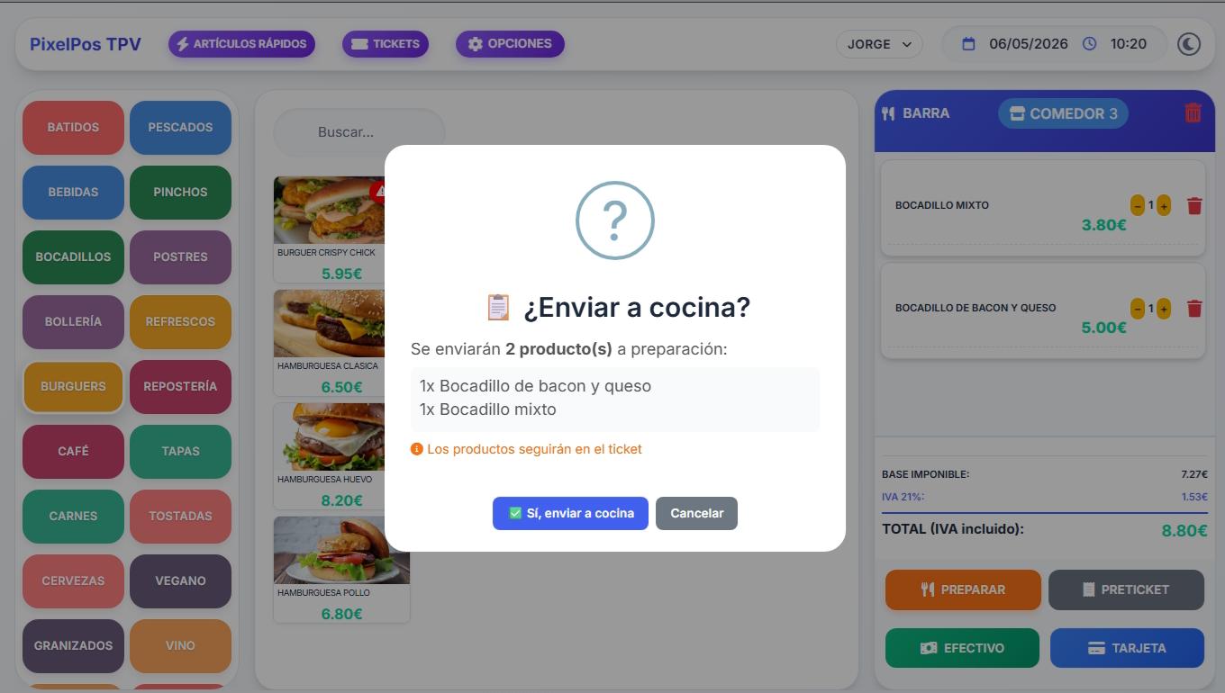 Pantalla de PixelPOS enviando productos a cocina para gestionar pedidos y preparación en negocios de hostelería en Castellón.