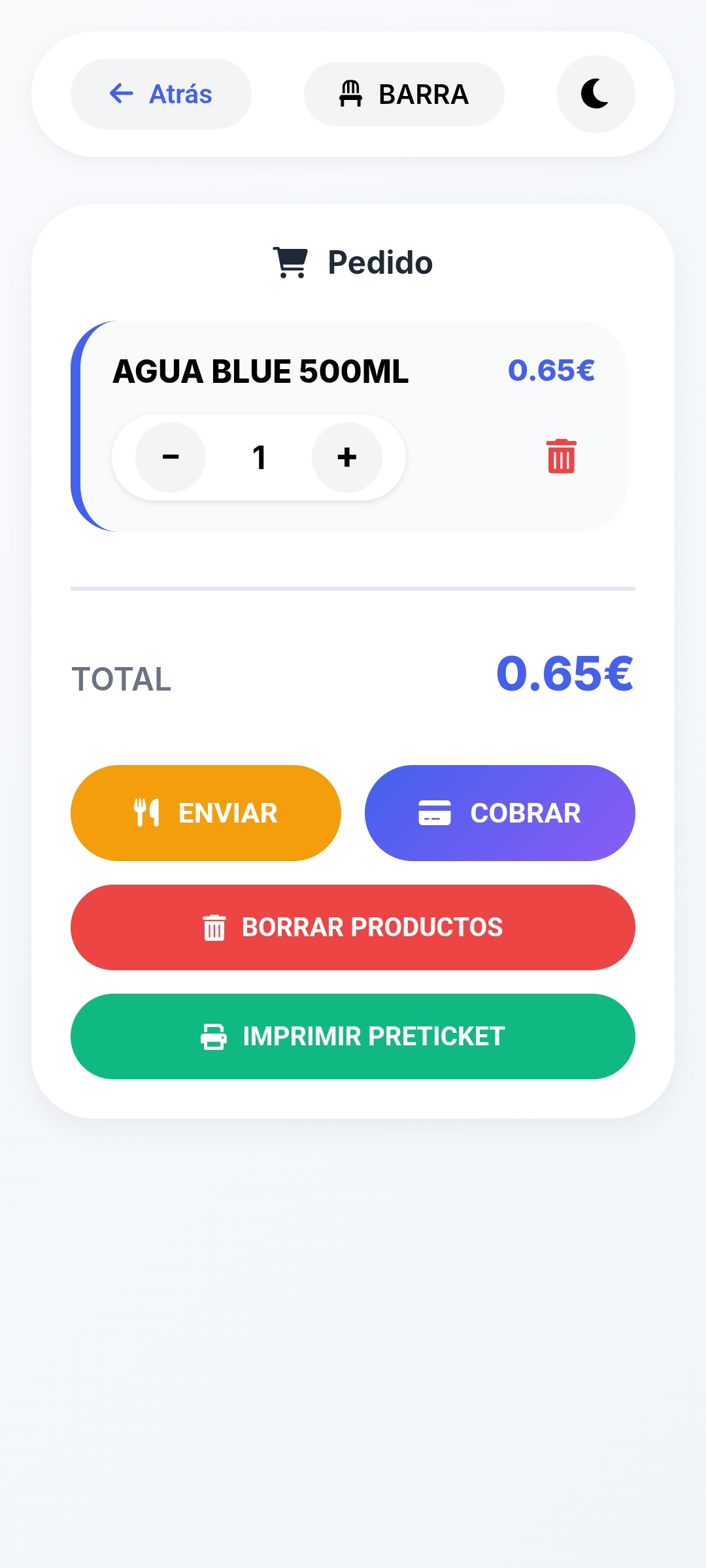 Pantalla de pedido en PixelPOS con producto, total y opciones de enviar, cobrar e imprimir preticket para negocios de hostelería en Castellón.