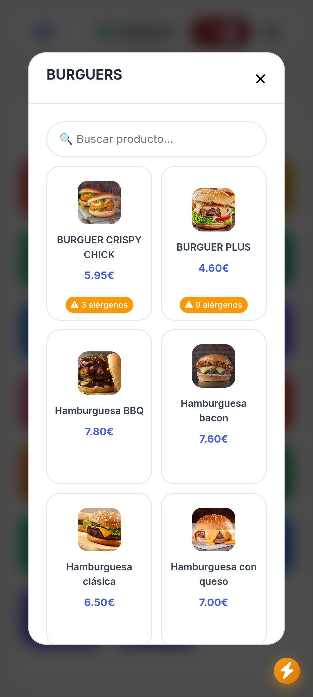 Pantalla de PixelPOS mostrando productos de hamburguesas con precios, búsqueda y alérgenos para gestionar ventas en hostelería en Castellón.