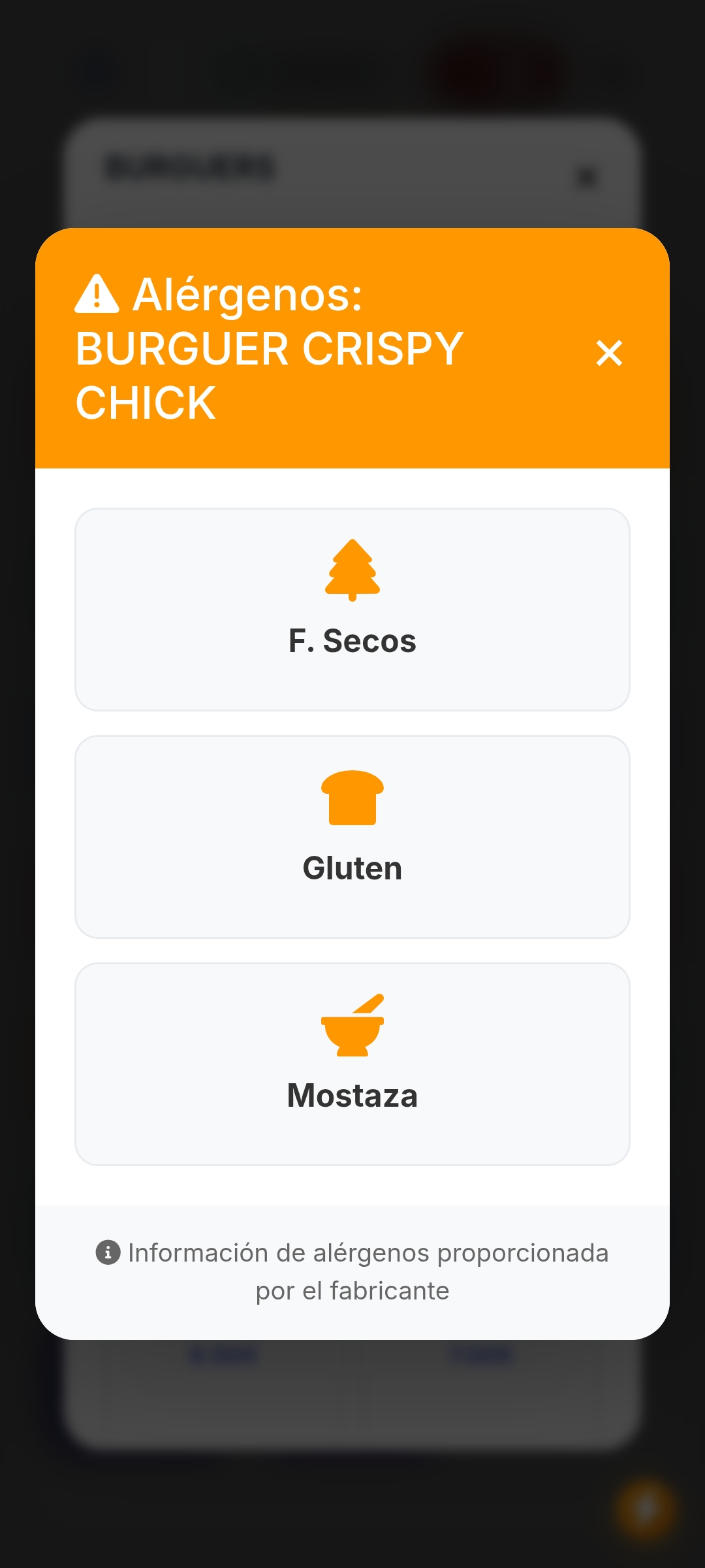Pantalla de PixelPOS mostrando alérgenos de un producto para informar al cliente y gestionar pedidos en negocios de hostelería en Castellón.