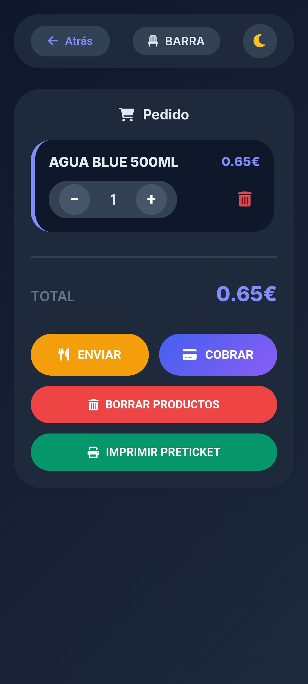 Pantalla de pedido en PixelPOS con opciones de enviar, cobrar, borrar productos e imprimir preticket para negocios de hostelería en Castellón.
