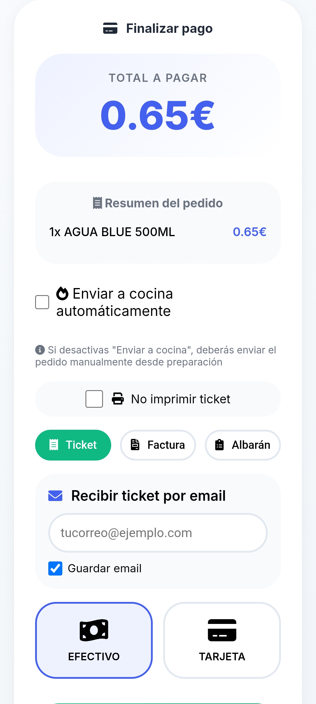 Pantalla de PixelPOS finalizando un pago con opciones de ticket, factura, albarán, efectivo y tarjeta para negocios en Castellón.