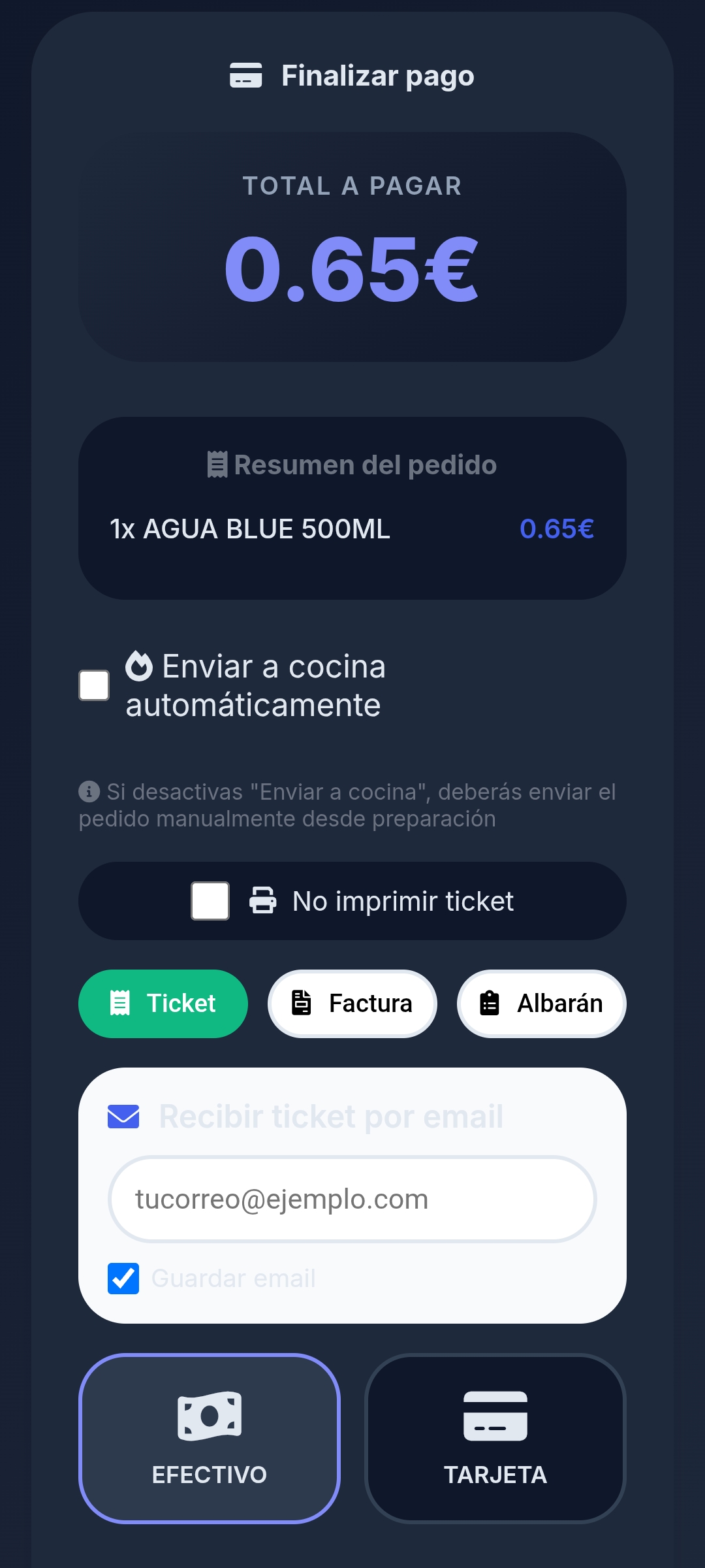 Pantalla de PixelPOS finalizando un pago con opciones de ticket, factura, albarán, efectivo y tarjeta para negocios en Castellón.