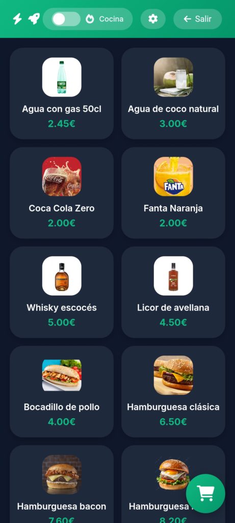 Pantalla de comandera digital de PixelPOS con productos, precios y envío a cocina activado para hostelería en Castellón.