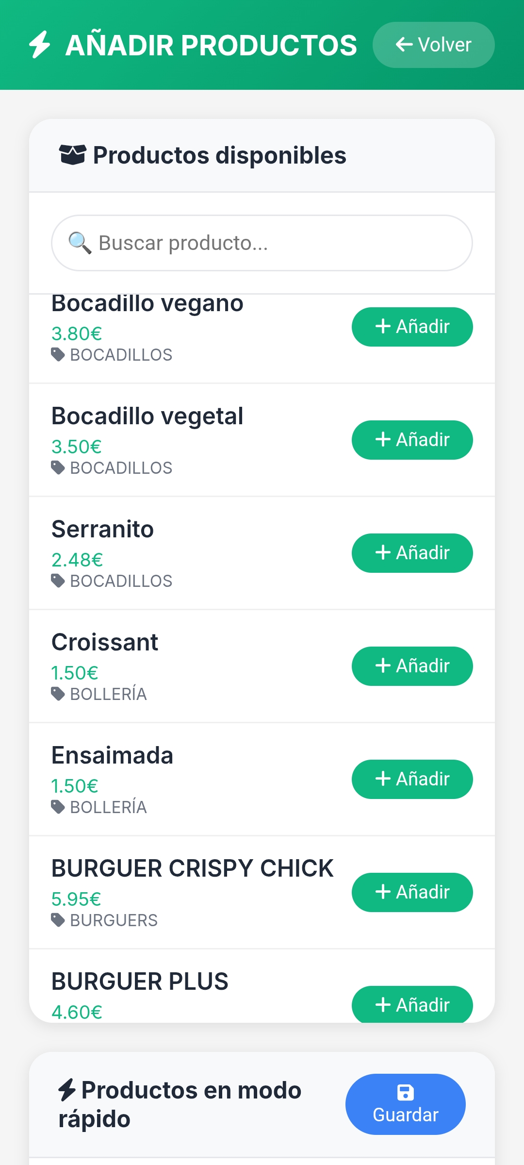 Pantalla de PixelPOS para añadir productos, buscar artículos y gestionar precios en negocios de hostelería y comercio en Castellón.