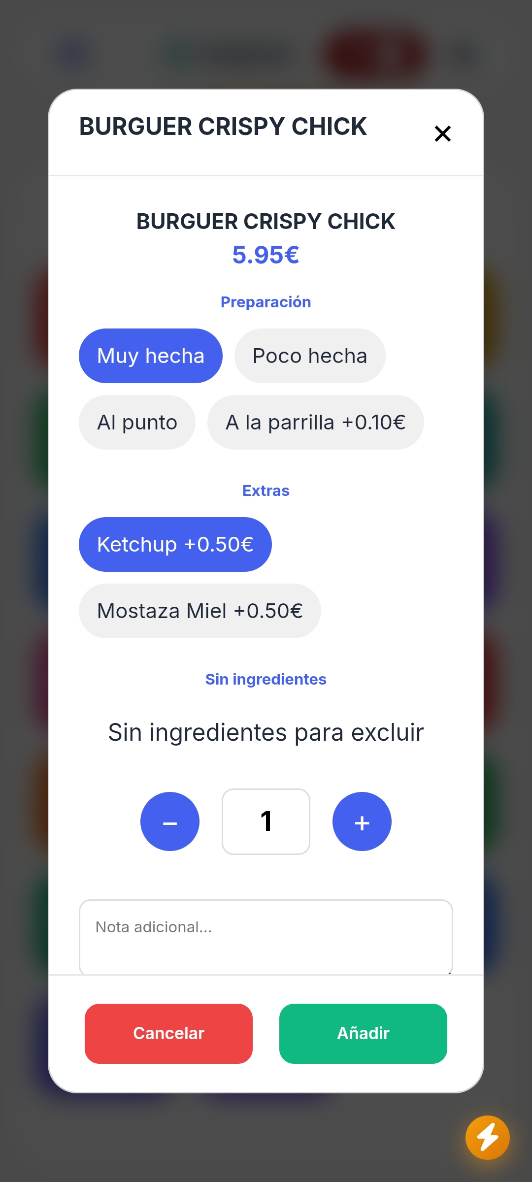 Pantalla de PixelPOS para personalizar un producto con preparación, extras, cantidad y notas del pedido en negocios de hostelería en Castellón.