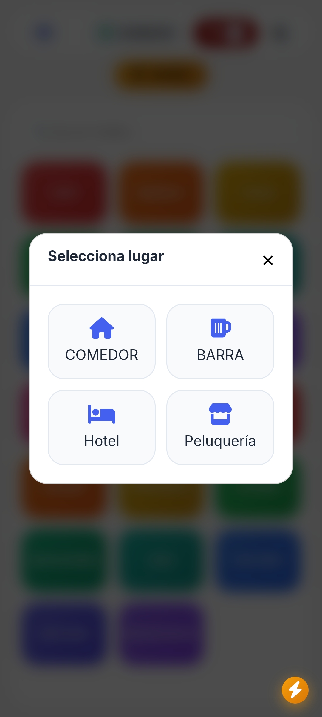 Pantalla de PixelPOS para seleccionar lugar de servicio como comedor, barra, hotel o peluquería en negocios de Castellón.
