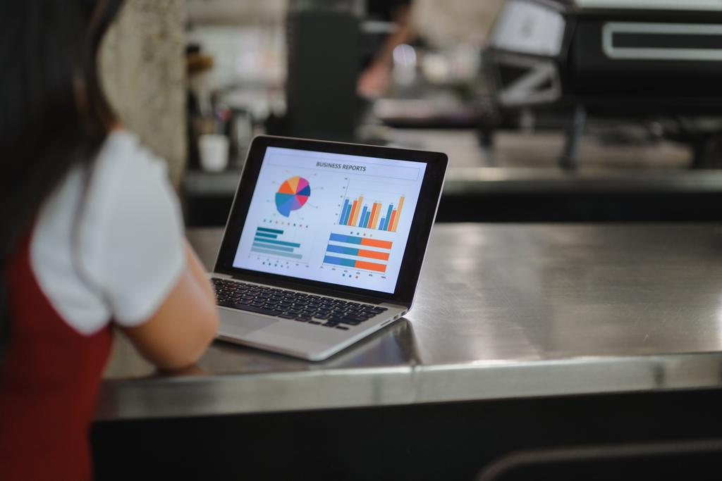 Persona revisando informes y estadísticas de ventas en un portátil con PixelPOS para mejorar la gestión de un negocio en Castellón.