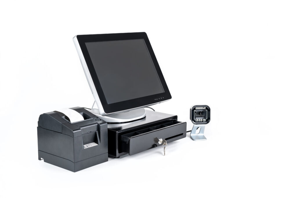 Sistema TPV con pantalla táctil, impresora de tickets, cajón portamonedas y lector de códigos para gestionar ventas con PixelPOS en Castellón.